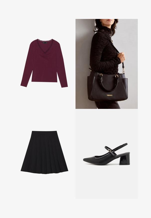 T-shirt de mangas longas, em azul bordeaux profundo, com decote em V e acabamento em rendinha preta, apresentando detalhes franzidos no centro da parte frontal. Textura suave, ajuste casual.; Saia preta plissada feita de tecido texturizado com uma faixa na cintura ajustada. Cai até ao joelho, apresentando uma silhueta suave e limpa.; Sabrinas de cerâmica preta com salto bloco, bico apontado e um design com recortes arredondados. Apresenta um detalhe em fivela de tom dourado.; Bolsa preta com superfície texturizada, alças superiores duplas e alça de ombro ajustável. Apresenta ferragens em tom dourado e bolsos laterais.