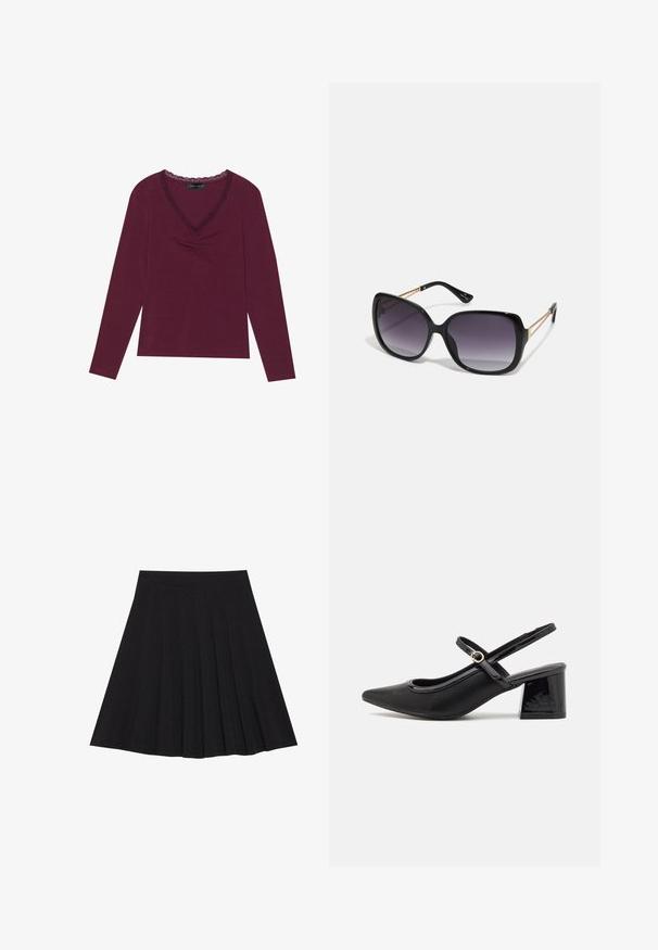 Dugih rukava, duboko burgundski gornji dio sa V-izrezom, crnim čipkastim detaljem i nabranim detaljima na prednjem dijelu. Mekana tekstura, ležeran kroj.; Crna plisirana suknja izrađena od teksturiranog materijala s uskim strukom. Pada do koljena, a ima glatku, čistu siluetu.; Crne lakirane slingback visoke potpetice s šiljastim vrhom, zaobljenim izrezom i blok potpeticom. Sadrži akcent zlatnog tona s kopčom.; Crne prevelike sunčane naočale s gradijentnim lećama, debelim okvirom i zlatnim lancem kao detaljem na krakovima.; Crna torba od sintetičkog materijala, s jednostavnim pravokutnim dizajnom, zlatnim kvadratnim detaljima i dvostrukim ručkama.