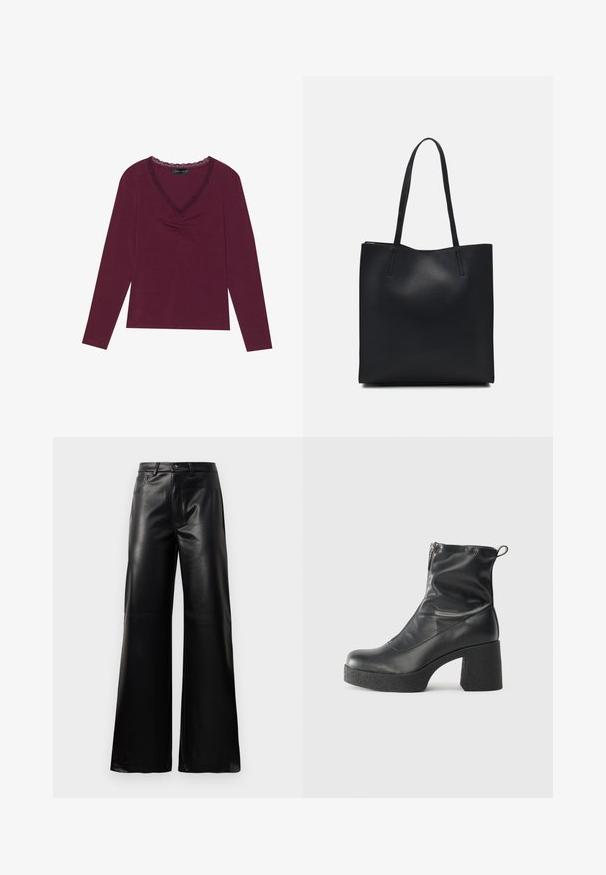 Långärmad, djupt bordeaux topp med V-ringning och svart spetsdetalj samt rynkad detalj i mitten fram. Mjuk textur, avslappnad passform.; Svarta högmidjade vida byxor i konstläder med framknapp, dragkedjestängning, bältesöglor och sidofickor på vit bakgrund.; Svarta ankelstövlar i slitstark läder, med sidodragkedja, kraftig strukturerad klack och rundad tådesign.; Svart lädertoffelväska med slät textur, rektangulär form och två långa handtag. Ingen synlig hårdvara eller dekorationer.