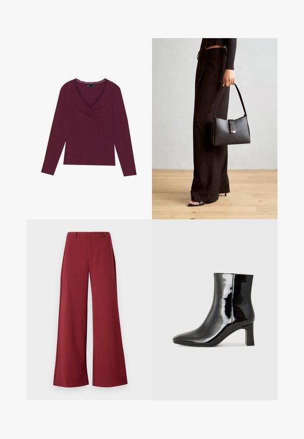 Dlhý rukáv, hlboký burgundský top s V-výstrihom, okrajený čiernou čipkou a riasením v strede predného dielu. Mäkká textúra, voľný strih.; Široké nohavice v hlbokej burgundskej farbe. Vyrobené z hladkej, elastickej tkaniny s pekne spracovanými švami a predným zipsom.; Čierne lakované členkové topánky s špicatou špičkou a stredne vysokým blokovým podpätkom. Hladká textúra a minimalistický dizajn.; Čierna kabelka so štruktúrovaným tvarom, hladkou textúrou a kovovou sponou. V kombinácii so širokými čiernymi nohavicami a sandálmi s otvorenou špičkou na drevenej podlahe.