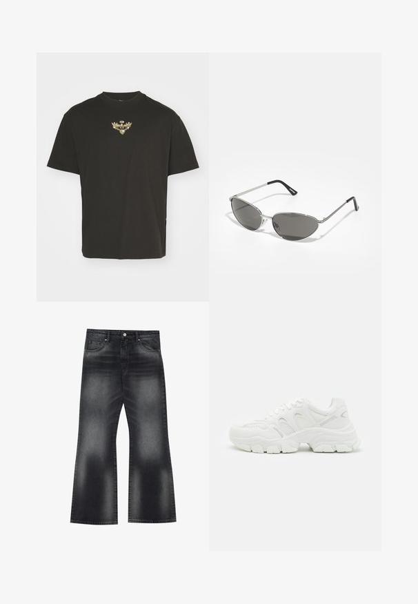 Čierne bavlnené tričko s okrúhlym výstrihom. Obsahuje centrálne vyšívaný dizajn krídel a kruhový emblém v zlatej a striebornej farbe. Krátke rukávy.; Čierne deninové zvonové nohavice s vyblednutým vzhľadom, s piatimi vreckami a kontrastným prešívaním, s mierne širokým otvorom na nohách.; Biele atletické tenisky s vrchnou časťou z polyesterovej sieťoviny a koženými detailmi, štruktúrovanou gumovou podrážkou a robustným dizajnom s výraznými kontúrami.; Slnečné okuliare s elegantným, strieborným kovovým rámom, sivými tónovanými sklami a aerodynamickým dizajnom s ostrými hranami a tenkými rámikmi.
