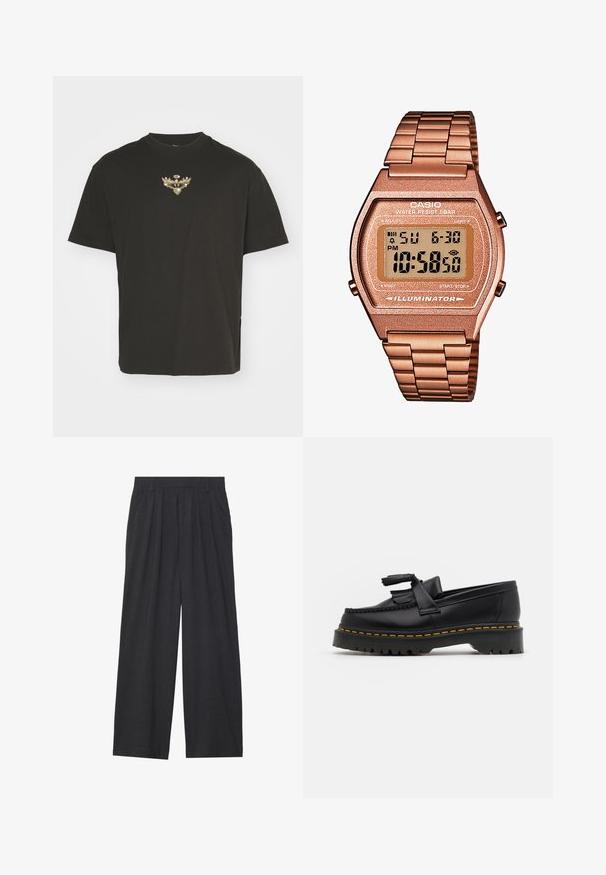 T-shirt de algodão preto com decote redondo. Apresenta um design central bordado em ouro e prata de asas e um emblema circular. Mangas curtas.; Calças de perna larga feitas de tecido cinza escuro. Apresentam pregas na cintura, um design sob medida e uma silhueta reta.; Mocassim de couro preto com um detalhe de franjas, apresentando uma sola preta robusta e costura amarela ao longo da borda. Acabamento texturizado.; Relógio digital Casio com pulseira metálica dourada rosada, caixa retangular, ecrã iluminado e resistência à água, mostrando a hora e a data.