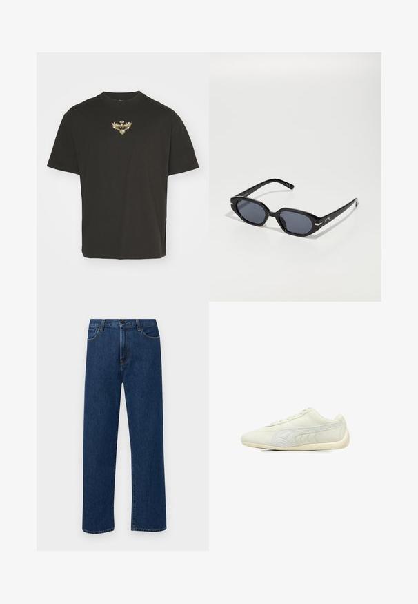 Tricou din bumbac negru cu guler rotund. Prezintă un design central brodat în aurie și argintie, reprezentând aripi și un emblema circulară. Mâneci scurte.; Jeans din denim drept, cu culoare albastru închis, cu buzunare frontale și închidere cu nasture, expuși pe un fundal alb simplu.; Shoe sport de culoare gri deschis, fabricat din suede, având o suprafață netedă, vârf rotund, un design minimalistic, sistem de închidere cu șireturi în față și accente texturate pe laterale.; Ochelari de soare din plastic negru cu lentile octogonale, cu nuanță închisă și accente argintii pe temple. Textură netedă, design modern.