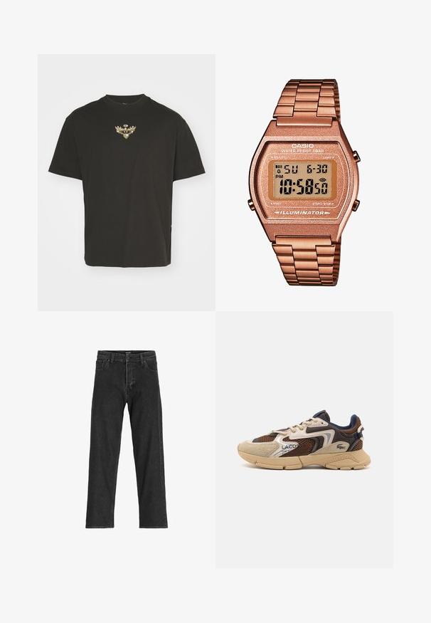 Black cotton t-shirt with a crew neckline. Features a central gold and silver embroidered design of wings and a circular emblem. Short sleeves.; Black denim jeans with a straight leg design, featuring a zip fly, belt loops, and six pockets, made from a sturdy cotton blend fabric.; Beige and brown sneaker with textured mesh panels, suede accents, and a rubber sole. Features lace-up design and branded detailing.; Digital Casio watch with a rose gold metal band, rectangular case, illuminated display, and water resistance, showing time and date.