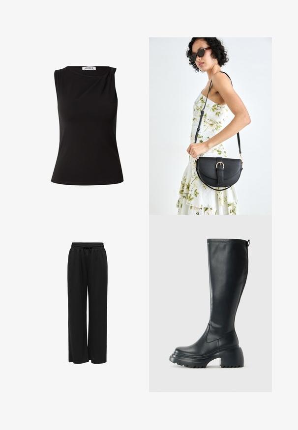 EDITED WIEBKE - Top - schwarz; Zwarte wijde broek gemaakt van zachte stof, met een rekbare tailleband en een trekkoord voor een verstelbare pasvorm. Geen patronen of accenten.; Hoge zwarte leren laars met een chunky plateauzool en blokhak, voorzien van een trekband en een gestructureerd profiel op de buitenzool.; Zwarte leren handtas met een gebogen vorm, afneembare schouderband en gouden hardware. De tas heeft een klep met een gespsluiting.