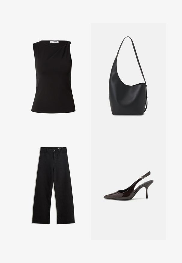 EDITED WIEBKE - Top - schwarz; Schwarze weit geschnittene Jeans mit hoher Taille, ausgestattet mit Vorder- und Hintertaschen, gesteppten Nähten und einem Knopfverschluss. Glatte Textur.; Slingback-Pumps aus glänzendem dunklen braunen Lackleder, mit spitzer Zehenpartie, offenen Seiten und verstellbarem Knöchelriemen.; Schwarze Leder-Hobo-Tasche mit einer glatten Textur, geschwungener Form und einem einzelnen verstellbaren Tragegurt; verfügt über eine weite Öffnung am oberen Ende.