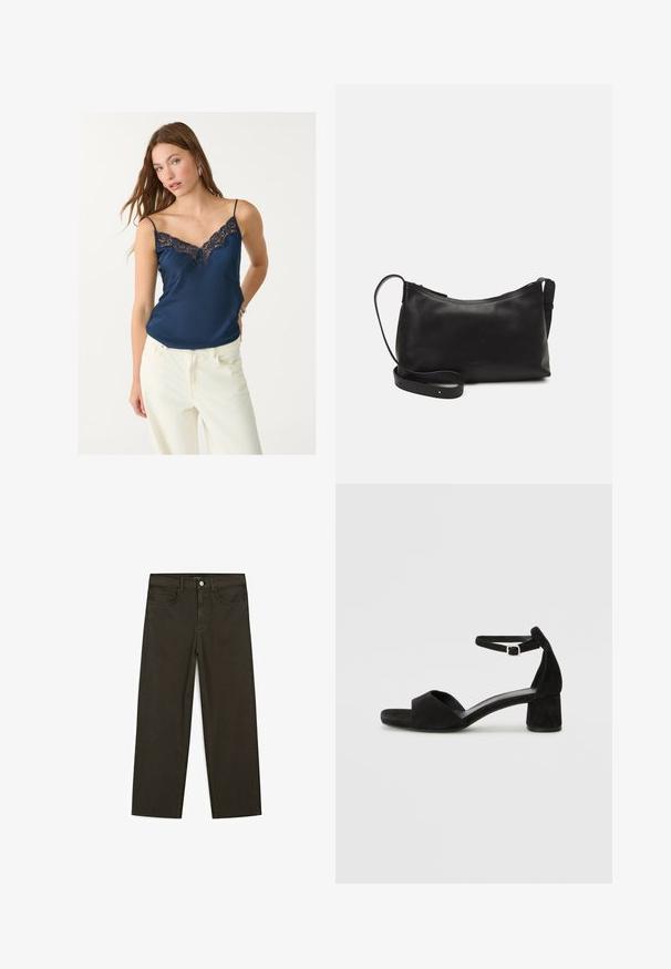 Navy Satin-Camisole mit Spitzenbesatz am Ausschnitt. Hat dünne Träger und eine lockere Passform, ergänzt durch weiße hochtaillierte Hosen.; Dunkelgrüne Jeans im weit geschnittenen Style, hergestellt aus einem Baumwollgemisch. Sie verfügen über einen Frontknopfverschluss, fünf Taschen und klassische Denim-Nähte.; Schwarze Wildleder-Espadrilles mit einem dünnen Knöchelriemen, offener Zehenpartie und moderatem Blockabsatz. Glatte Textur und minimale Akzente.; Schwarze Ledertasche für die Schulter mit glatter Textur, geschwungener Form, verstellbarem Tragegurt und Reißverschluss. Minimalistisches Design ohne Verzierungen.