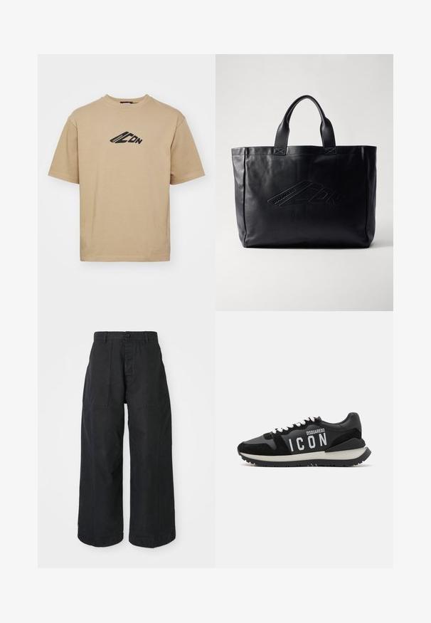 Beige t-shirt made of cotton, featuring a round neckline and short sleeves. Black graphic design on the chest with brand lettering.; Black wide-leg trousers made of canvas material with a button closure, featuring two front pockets and a relaxed fit.; Black sneakers made of leather and suede, featuring a white "ICON" logo and contrasting black outsole. Laces are white; design is sporty.; Black leather tote bag featuring dual top handles, embossed logo detail on the front, rectangular shape, and smooth texture.