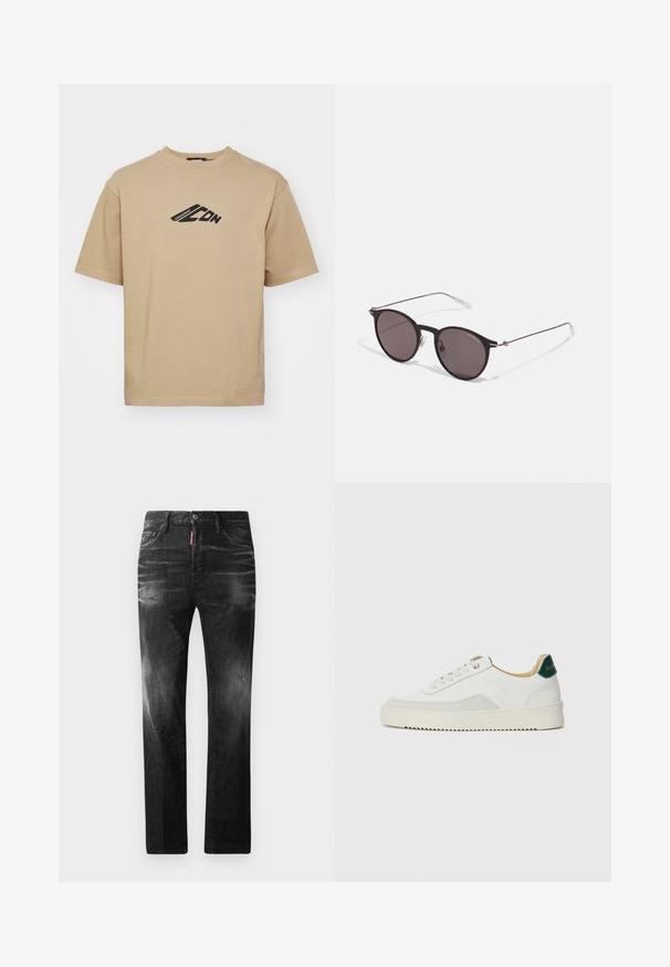 Beige tričko z bavlny, s kulatým výstřihem a krátkými rukávy. Černý grafický design na hrudi s nápisem značky.; Černé džíny z denimu se rovnými nohavicemi. Obsahují vybledlé oblasti, drobné poškození, klasický pětikapsový design a zapínání na knoflík.; Bílé tenisky se semišovými prvky, kulatou špičkou, plochými tkaničkami a krémovou gumovou podrážkou. Na patě mají zelené logo.; Černé kulaté sluneční brýle s tmavými skly a tenkými kovovými nohami. Obsahují průhledné koncovky nožiček a stříbrné akcenty na pantu. Minimalistický design.