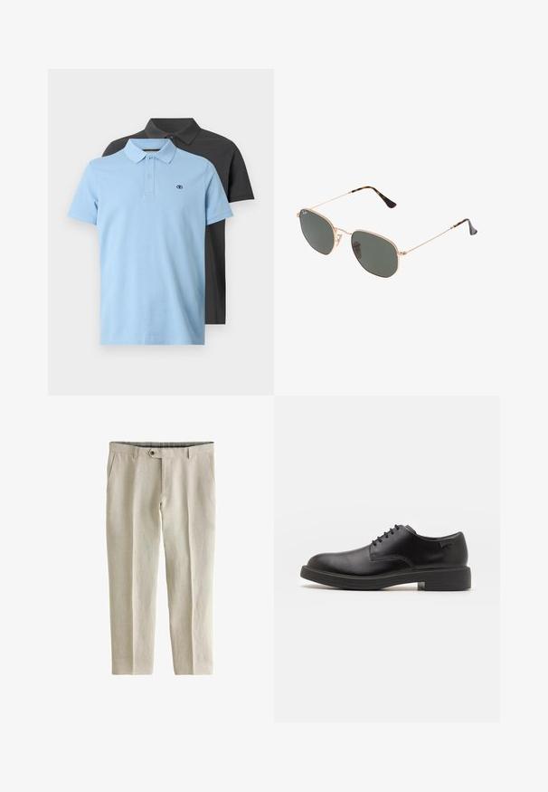 Kaksi poolopaitaa: yksi vaaleansininen, jossa on kaulus ja napit, ja yksi tummanharmaa. Molemmissa on pieni logo rinnassa ja lyhyet hihat.; Next SIGNATURE - REGULAR FIT - Housut - neutral; Mustat nahkasaappaat, joissa on pyöreä kärki, sileä pinta, minimaalinen ommel ja matala kumipohja. Logo kannassa.; Kultaa metallikehyksiset aurinkolasit tummanvihreillä linsseillä, pilottilaatuinen tyyli, jossa on kapeat varret ja kilpikonnakuosiset korostukset päissä.