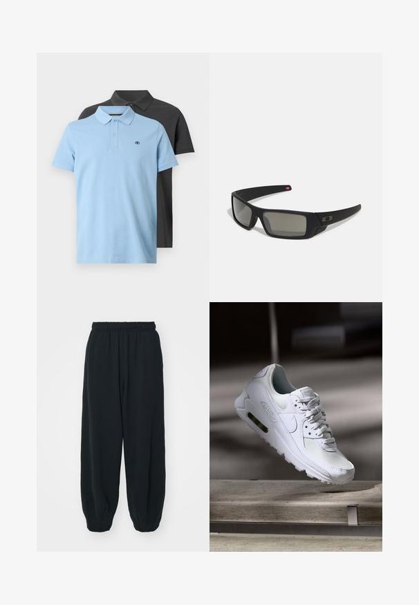 Dve polo majice: ena svetlo modra z ovratnikom in gumbi, in ena temno siva. Obe imata majhen logotip na prsih in kratke rokave.; Črne, elastične hlače za prosti čas z ohlapnim krojem, manšetami na gležnjih, gladko teksturo in brez vidnih vzorcev ali dodatkov.; Bela Nike Air Max 90 športna obutev z mrežastim in usnjenim zgornjim delom, perforiranim prstnim delom in vidno zračno enoto v peti.; Crne sončne naočale s mat površinom, pravokutne leće, blagi luk na sljepilima, diskretna oznaka i leće sa dimnim nijansama.