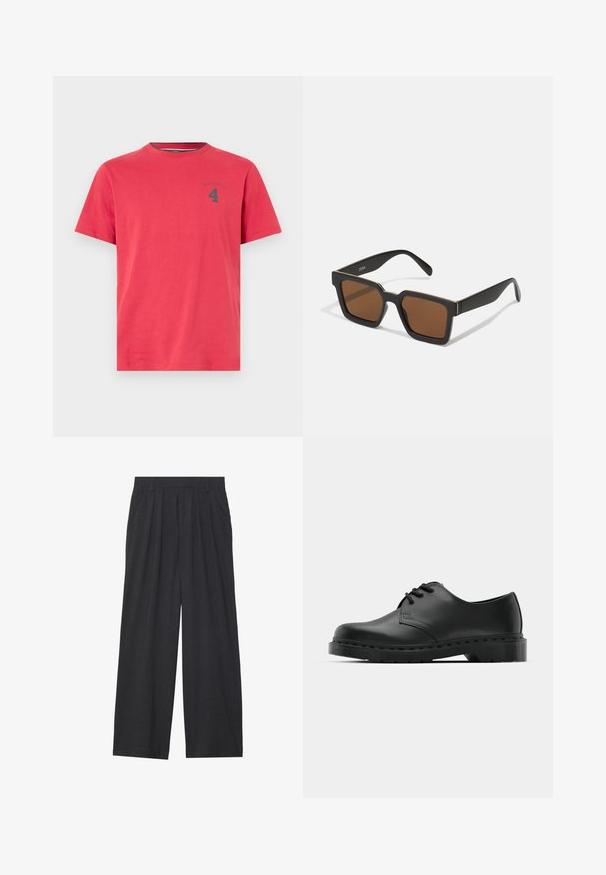 Punainen puuvillainen t-paita, jossa on pyöreä kaula-aukko ja lyhyet hihat. Rintamuksessa on pieni tumma logo ja numero "4" painettuna. Yksinkertainen muotoilu.; Suorat lahkeet valmistettu tummanharmaasta kankaasta. Ominaisuuksiin kuuluu laskokset vyötäröllä, muotoilu on siisti ja siluetti suora.; Musta nahkainen oxford-kengät, joissa on nauhakiinnitys, pyöreä kärki, litteä kumipohja ja hillitty ompelutaito yläosassa.; Mustat neliönmuotoiset aurinkolasit ruskeilla linsseillä, joissa on matta pinta ja kultaiset yksityiskohdat kehyksetissä. Suunnittelu on kulmikas ja leveillä sivuilla.