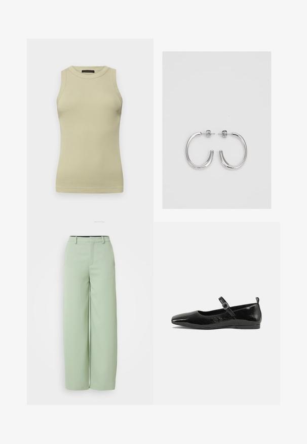 DRYKORN OLINA - Top - green; Pantaloni largi verde deschis, confecționați dintr-un material neted. Au un față plată, bucle pentru curea și o croială adaptată, fără elemente de fixare vizibile.; Pantofii plata din piele patentată neagră, cu vârf ascuțit, curea la gleznă cu cataramă și o textură netedă, strălucitoare. Toc jos pentru confort.; Cercei rotunzi din argint cu un finisaj neted și strălucitor. Design ușor, având o formă rotundă și închidere cu tijă.