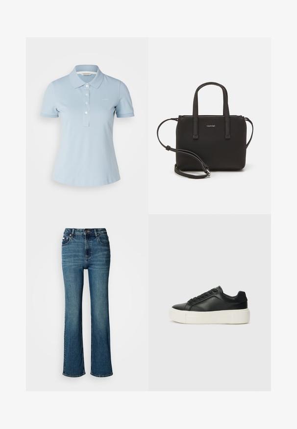 Lichtblauw polo-shirt van katoen, met een klassieke kraag, korte mouwen en een vijfknopssluiting met een klein logo op de borst.; Hogwaardige blauwe jeans van denim, met een rechtzittend ontwerp, subtiele vervaging en een standaard knoop- en ritssluiting.; Zwarte leren sneaker met een ronde neus, witte platformzool en zwarte veters. Bevat een subtiele logo op de hiel en een gladde textuur.; Zwarte handtas met dubbele korte handvatten en een afneembare schouderriem. Glad, leerachtig materiaal met een ritssluiting en logo-detail.