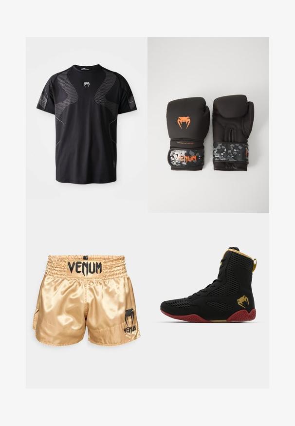 Camiseta deportiva negra de tejido ligero, con patrones texturizados grises en los hombros y los laterales, con cuello redondo y mangas cortas.; Pantalones cortos de boxeo de satén dorado con el logo negro "VENUM" en la cinturilla y en los laterales, que presentan una textura suave y una cinta elástica en la cintura para mayor comodidad.; Zapatilla deportiva alta de malla negra y material sintético, con acentos texturizados, suela de goma roja y detalles en dorado en el tobillo.; Guantes de boxeo negros con acabado mate y diseño ergonómico. Detalles del logo en naranja y tiras de muñeca con patrón de camuflaje.