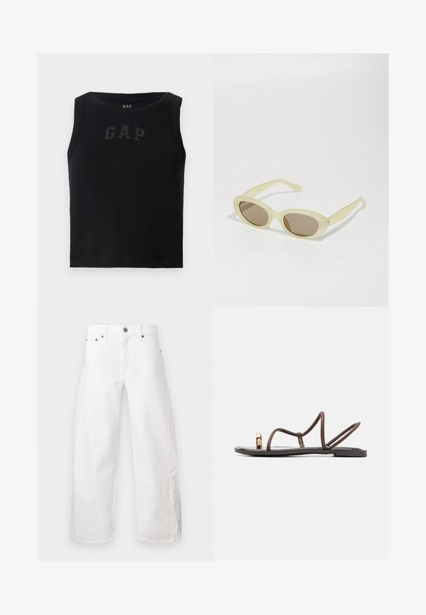 Top din bumbac cu model rib, de culoare neagră, cu decolteu rotund, prezentând un logo contrastant "GAP" pe față. Fără alte embellishments.; Jeans albe cu picioare largi, confectionate din denim din bumbac. Dispune de închidere cu nasture și fermoar, buzunare frontale și cusături subtile de-a lungul cusăturilor.; Sandale plate maro cu mai multe curele subțiri, un bucluc pentru degetul mare și un accent de ton auriu. Talpa este plată și are o finisare netedă.; Ochelari de soare ovali cu un cadru galben pal translucid și lentile maro. Acesta are o textură netedă și accente subtile de hardware pe laturi.