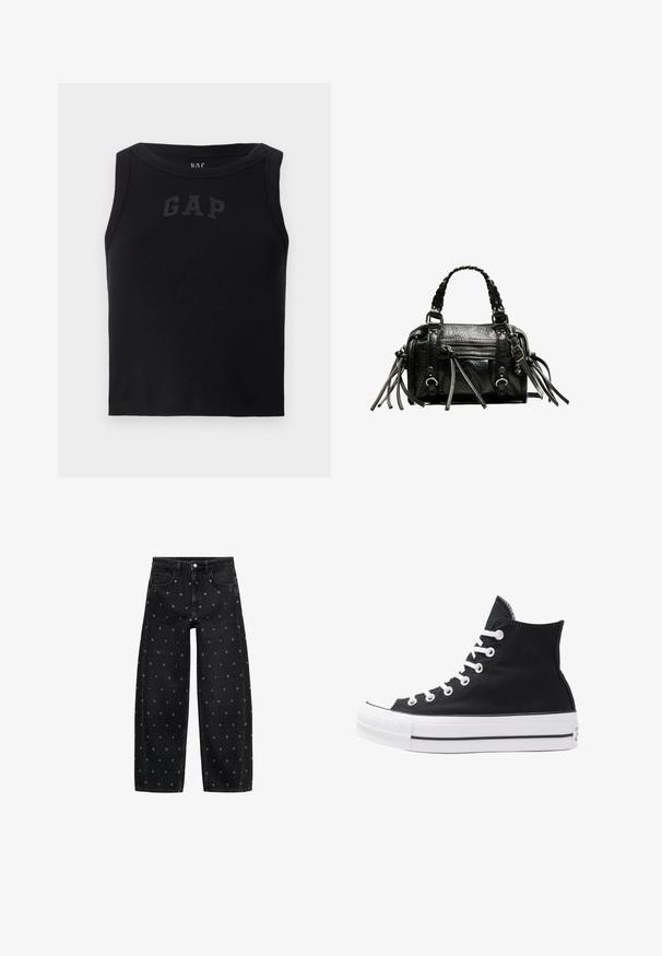Čierny rebrovaný top bez rukávov s okrúhlym výstrihom, na prednej strane s kontrastným čiernym logom "GAP". Bez ďalších ozdôb.; Čierne denimové nohavice s voľným strihom a vzorom malých strieborných očiek, so klasickým dizajnom piatich vreciek a zapínaním na gombík.; Čierne plátkové tenisky v štýle high-top s bielymi očkami, šnúrkami a gumovou podrážkou. Obsahujú textúrovanú špičku a čierno-biele pruhy.; Čierna kožená kabelka s pletenými uchami, textúrovaným povrchom, zipsovým predným vreckom a dekoratívnymi strapcami. Kompaktne tvarovaná a štruktúrovaná.