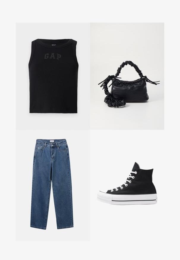 Černý žebrovaný tílko s kulatým výstřihem, na přední straně s kontrastním černým logem "GAP". Bez dalších ozdob.; Klasické modré džíny z denimu se střihy rovné nohy, pěti kapsami a zapínáním na knoflík. Mají střední odstín a odolnou texturu.; Černý plátěný sneaker s vysokým střihem, bílými očky, tkaničkami a gumovou podrážkou. Obsahuje texturovanou špičku a černobílé pruhy.; Černá kabelka z umělé kůže s krokodýlím vzorem, staženým vrškem a zmačkaným popruhem. Zdá se, že má měkký a kompaktní design.