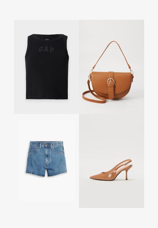 Svart ribbestrikket tank topp med rund hals, med en kontrasterende svart "GAP" logo på forsiden. Ingen ekstra dekorasjoner.; Lys blå denimshorts med fem lommer, glidelås og knappefeste. Bunnkanten er slitt med et avslappet passformdesign.; Spiss tå slingback hæl i et glat, glinsende brunt materiale. Har et buet utskårent design og en slank stilett hæl. Sølvspenne detalj.; Brun lærcrossbody-veske med en buet form, gullhardware og et spenneakcent. Har en avtakbar skulderreim.