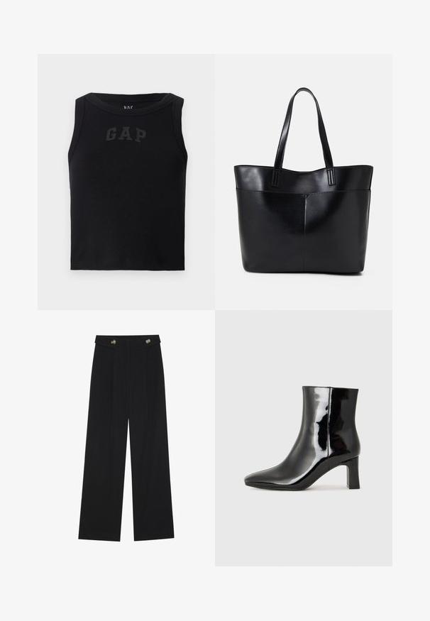 Černý žebrovaný tílko s kulatým výstřihem, na přední straně s kontrastním černým logem "GAP". Bez dalších ozdob.; Černé široké kalhoty s vysokým pasem, detailní knoflíky na pase a přední záhyby.; Černé lakované kotníkové boty s špičatou špičkou a středně vysokým blokovým podpatkem. Hladká textura a minimalistický design.; Černá kožená taška s dlouhými ušima, hladkým povrchem a strukturovaným tvarem. Obsahuje přední kapsu pro další úložný prostor.