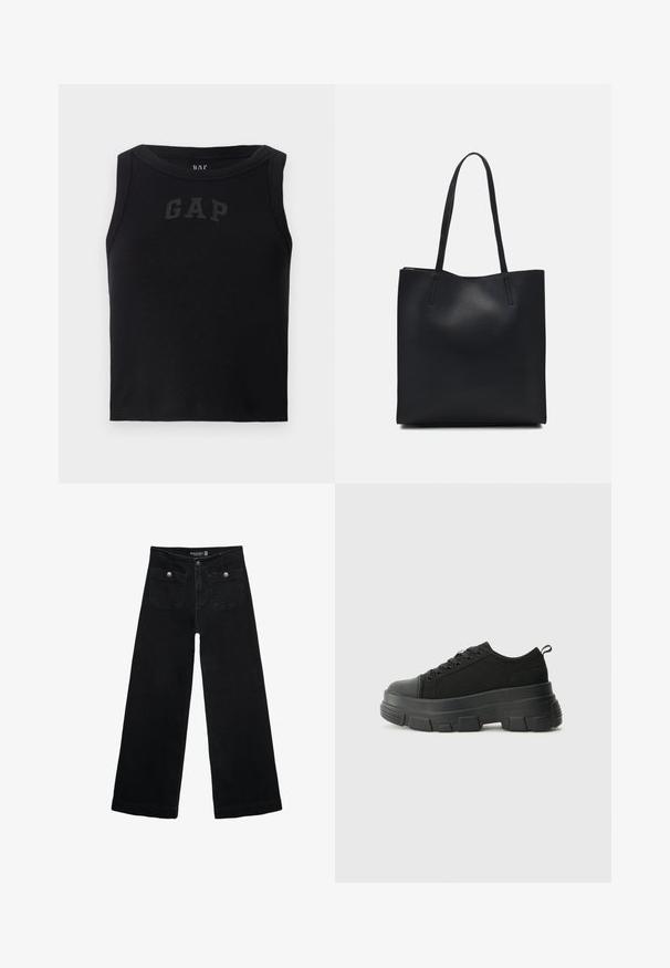 Crna rebrasta majica bez rukava s okruglim izrezom, s kontrastnim crnim "GAP" logotipom sprijeda. Bez dodatnih ukrasa.; Crne široke traperice s visokim strukom, koje imaju dva prednja džepa i metalne gumbe kao ukrase. Tkanina ima glatku teksturu.; Crne tenisice s debelim gumenenim potplatom, teksturiranim gornjim dijelom od tkanine, okruglim vrhom i dizajnom s vezicama. Imaju pojačane rupice za vezice i dodatak za povlačenje straga.; Crna kožna torba za nošenje s glatkom teksturom, pravokutnim oblikom i dvije duge ručke. Nema vidljivih metalnih dijelova ili ukrasa.