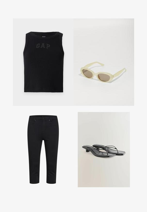 Melnās ribota tank top ar apaļu kakla izgriezumu, priekšā ar kontrastējošu melnu "GAP" logotipu. Bez papildu rotājumiem.; Melnas īsas šauras bikses ar priekšējo pogu, rāvējslēdzēja aizdari un priekšējām un aizmugurējām kabatām, demonstrētas uz balta fona.; Melnas patentētas mākslīgās ādas augstpapēžu sandales ar kvadrātveida purngalu, plānām siksnām un krokodila tekstūras detalizējumu. Zems blokveida papēdis.; Ovālas saulesbrilles ar caurspīdīgu gaiši dzeltenu rāmi un brūniem stikliem. Iezīmējas ar gludu tekstūru un diskrētām detaļām sānos.