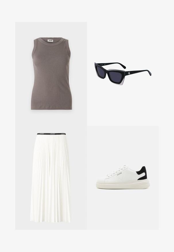Siva rebrasta majica brez rokavov z okroglo odprtino za vrat, izdelana iz mehke, strukturirane tkanine. Preprost, prilega se silhueti.; Gubasta bela krila z črnim elastičnim pasom, ki nosi logotip "LACOSTE". Srednje dolga zasnova z mehkobo tkanine.; Bele usnjene športne copate z debelim belim podplatom, črnimi semišnimi detajli na peti in utisnjenim logotipom na strani. Zavezovanje s šestimi luknjicami.; Črne prevelike sončne očala geometrijske oblike, z temnimi lečami in kontrastno sivo podrobnostjo na okvirju. Logo na ročaju.