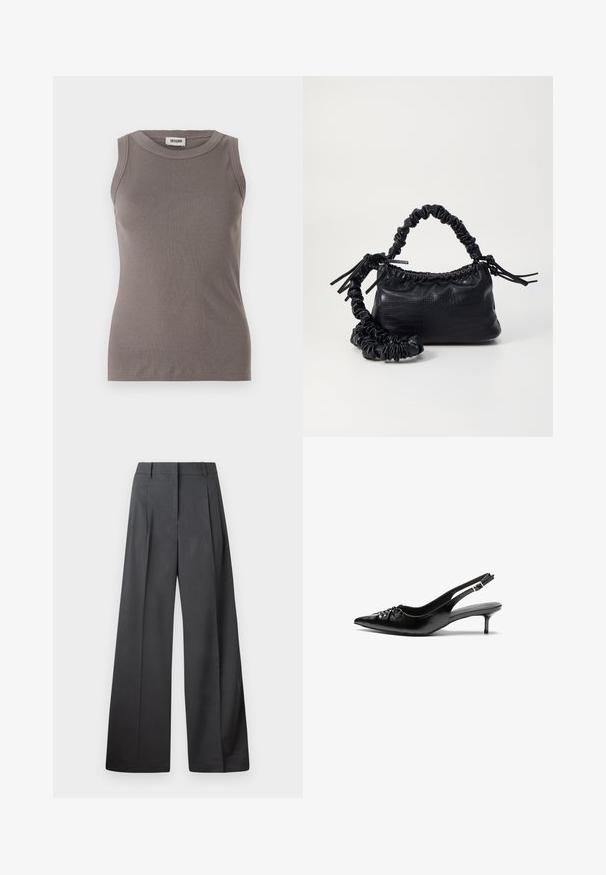 Top de tirantes gris con cuello redondo y diseño sin mangas, confeccionado en una suave tela texturizada. Silueta simple y ajustada.; Pantalones de pierna ancha en tejido gris oscuro, con una cintura alta, pliegues simples y una textura suave con un acabado limpio en los dobladillos.; Tacones slingback de cuero negro con punta afilada, pequeño tacón kitten y un detalle de nudo decorativo en la parte frontal. Textura suave en toda la superficie.; Bolso de mano de imitación cuero negro con textura de cocodrilo, parte superior fruncida y correa arrugada. Presenta un diseño suave y compacto.