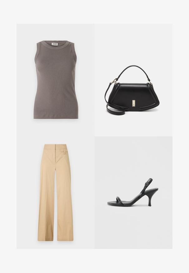 Gray ribbed tank top with a round neckline and sleeveless design, made from a soft, textured fabric. Simple, fitted silhouette.; Beige wide-leg pants made of cotton blend fabric. Features a smooth texture, elastic waistband, and a side button detail.; Black leather high-heeled sandals with a slim, curved heel and a crossed strap design. Adjustable ankle strap. Smooth texture.; Black leather handbag with a structured design, featuring a cropped shape, top handle, and gold hardware accent. Adjustable shoulder strap included.