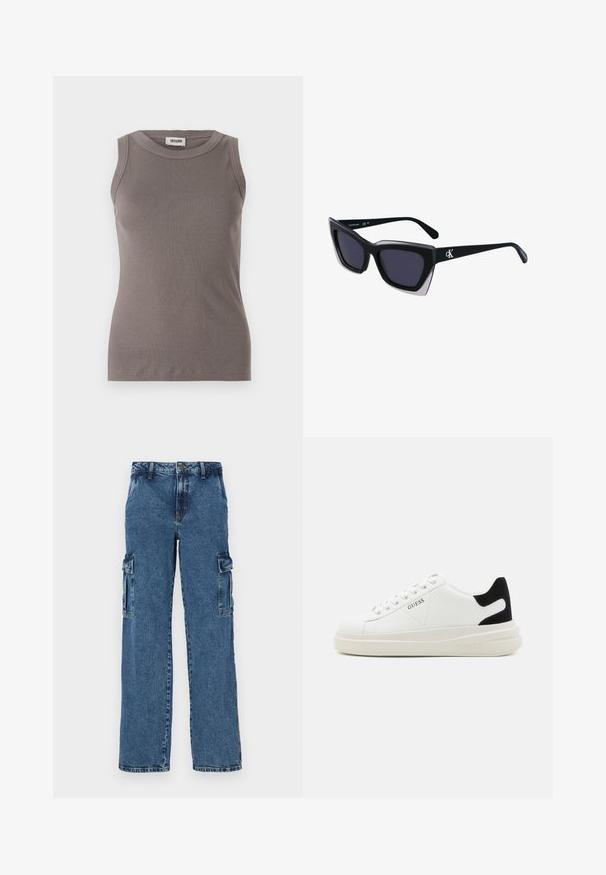 Grijze geribbelde tanktop met een ronde halslijn en mouwloos ontwerp, gemaakt van een zachte, gestructureerde stof. Eenvoudige, getailleerde silhoutte.; Blauwe denim cargo broek met een ontspannen pasvorm, voorzien van twee zijzakken, versterkte stiksels en een recht gesneden ontwerp.; Witte leren sneakers met een dikke witte zool, zwarte suède hielaccent en een geperst logo op de zijkant. Vetersluiting met zes oogjes.; Zwarte oversized zonnebril met een geometrische vorm, voorzien van donkere glazen en een contrasterend grijs detail op het montuur. Logo op de arm.