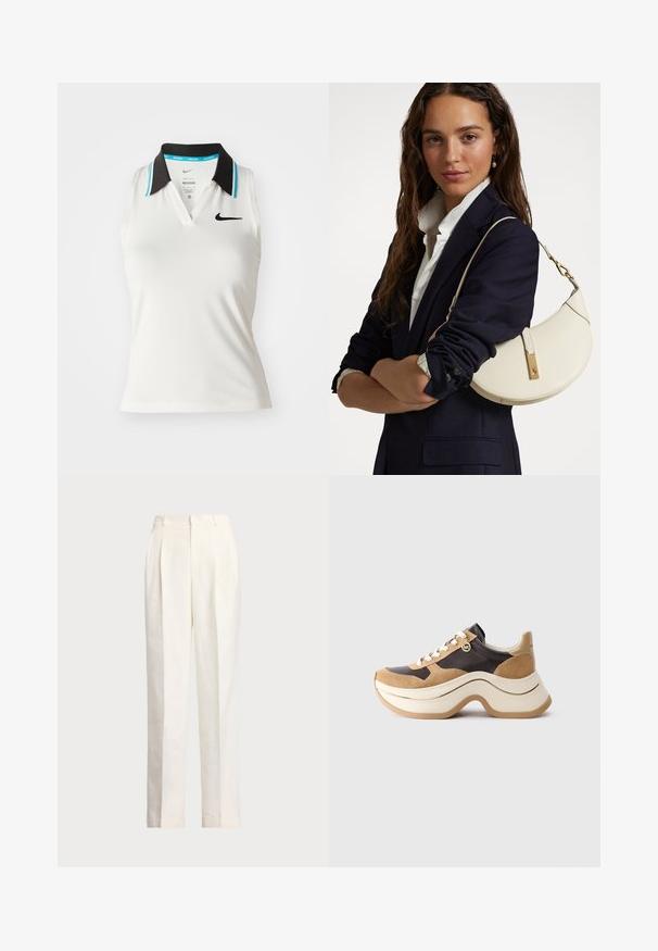 Balta be rankovių polo marškinėliai su juodu apykakle, turinčia turquoise akcentų. Marškiniai turi V formos iškirpimą ir mažą juodą Nike logotipą ant krūtinės.; Polo Ralph Lauren HEMP WIDE LEG PANT - Kelnės - nevis; Kampinis sportinis batelis su storu padu, bežinės ir tamsiai rudos spalvos, su zomšos akcentais, baltais raišteliais ir mažu auksiniu MK žavesiu šone.; Kreminės odinės rankinės su vingiuota forma, dekoruotos auksiniais elementais. Dirželis pritvirtintas metaliniu užsegimu.