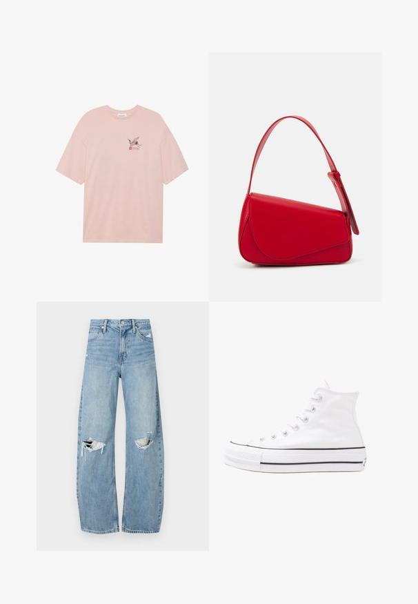 Light pink cotton t-shirt featuring a black crane graphic with red accents and the word "SAKURA." Relaxed fit and crew neckline.; Light blue, high-waisted jeans made of denim. Feature wide legs, two torn knee areas, and classic five-pocket styling.; White high-top canvas sneaker with black rubber sole, front rubber toe cap, and six eyelets for laces, featuring a clean, minimalist design.; Red leather handbag with an angular, geometric design. Features a single adjustable strap and a flap closure with stitched detailing.