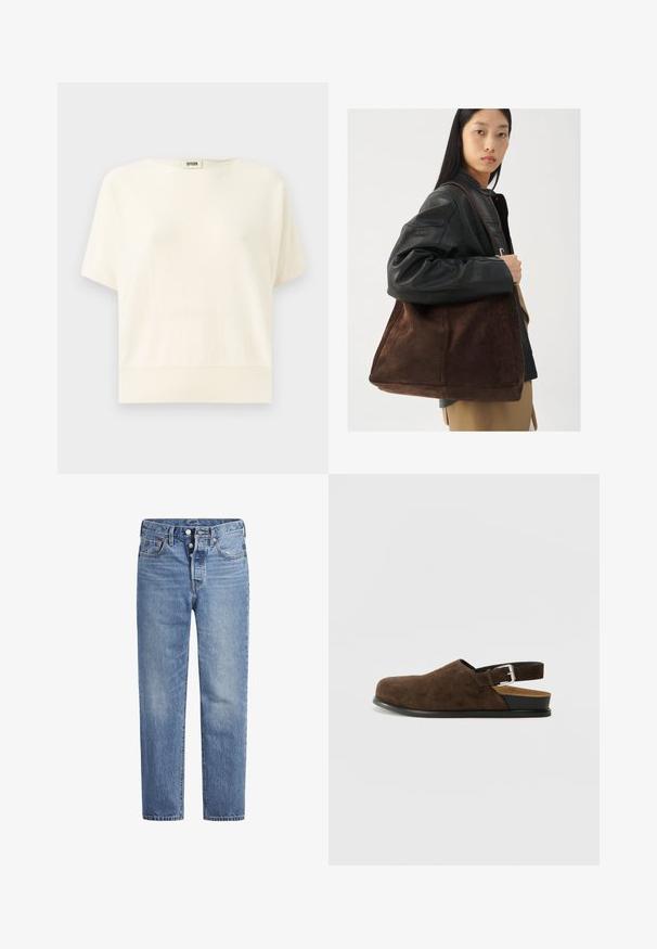 Top crem cu mânecă scurtă, cu o croială lejeră, cu tiv striat și decolteu rotund; realizat dintr-un material moale și ușor.; Jeans din denim de un albastru deschis, cu croi drept, design cu cinci buzunare și închidere cu buton. Prezintă decolorări subtile și cusături accentuate de culoare portocalie.; Pantofii din suede maro, slip-on, cu un toc mic, o curea ajustabilă cu o cataramă argintie și o talpă din cauciuc negru.; Geantă de umăr din suede maro, cu o formă largă și o textură moale, având o singură curea și hardware minim pe un fundal neutru.