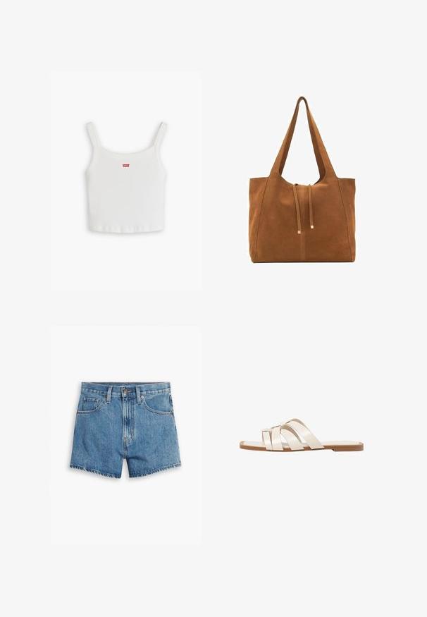 Bela rebrasta majica bez rukavov z tankimi naramnicami, ki na sprednji strani nosi majhen rdeč Levi's logotip. Preprosta, prilegajoča zasnova s ravnim robom.; Jeans kratke hlače v svetlo modri barvi, z povezavami za pet žepov, zadrgo in gumbom. Rob je razfrcan, oblikovane so v sproščenem kroju.; Ravne sandale s svetlo rjavim gumijastim podplatom, zasnovane s tremi prekrivajočimi se belimi usnjenimi trakovi in majhnim lokom na sredini.; Rjava semiš torba z dvema dolgima ročajema, z vrvico za zapiranje in minimalističnim dizajnom. Gladka tekstura in brez vidnih kovinskih dodatkov.