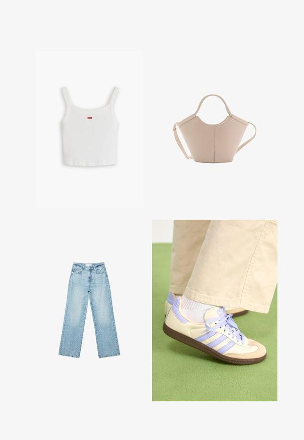 Weißes, geripptes Tanktop mit dünnen Trägern, das auf der Vorderseite ein kleines rotes Levi's-Logo trägt. Schlichtes, figurbetontes Design mit geradem Saum.; Helle blaue Denim-Jeans mit weitem Bein und hoher Taille, im lässigen Look mit einem ausgewaschenen Finish und kleinen, verstreuten Used-Effekten.; Cremefarbene und lavendelfarbene Sneakers mit drei Streifen und einer strukturierten braunen Sohle, ausgestattet mit Schnürsenkeln und einer gepolsterten Ferse. Obermaterial aus weichem Stoff.; Beige Lederhandtasche mit einer einzigartigen Form, die zwei kurze Henkel und einen langen verstellbaren Riemen aufweist. Glatte Textur mit minimalen Hardware-Elementen.