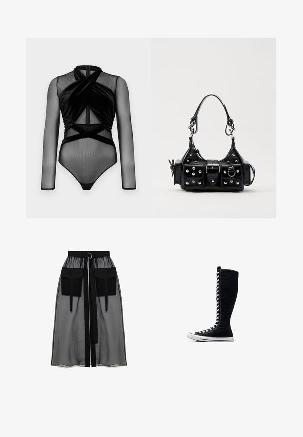 Fekete body, hosszú hálós ujjal, csavart bársonybéléssel és testhezálló szabással, alsó részén patentos záródással.; Fekete áttetsző szoknya ráncolt derékrésszel, két nagy elülső zsebbel, derékpánttal és kör alakú fém díszítéssel.; Fekete magasszárú tornacipők, magas kialakítással, vászonból készült. Fehér fűzőkkel, varrással és gumitalppal rendelkezik, melynek elülső része meg van erősítve.; Fekete bőr kézitáska ívelt designnal, ezüst szegecsekkel, csattal és két oldalsó zsebbel. Állítható vállpánt a hordozási lehetőségekhez.