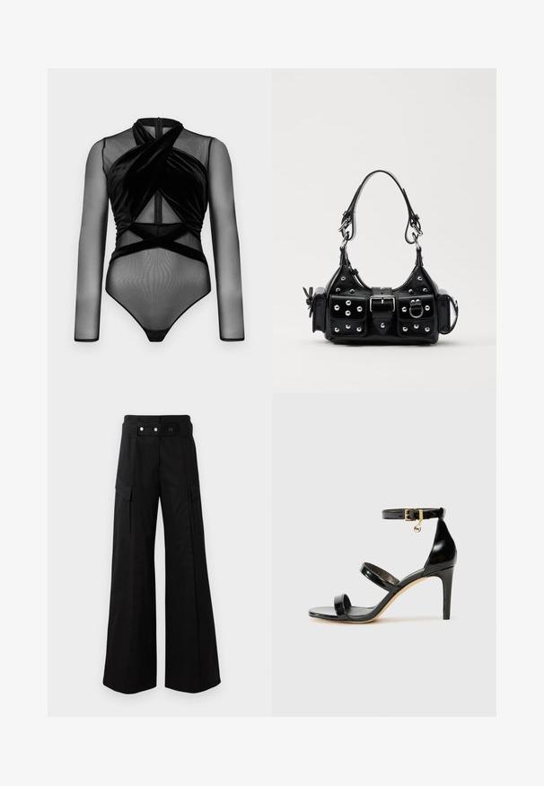 Czarny body z długimi siateczkowymi rękawami, skręconym welurowym przodem oraz dopasowanym krojem z zapięciem na zatrzaski u dołu.; Czarne szerokie spodnie z wysokim stanem, z dużymi bocznymi kieszeniami, dwoma guzikami z przodu i detalem w kształcie pętli. Wykonane z mocnej tkaniny.; Czarne lakierowane sandały na paski z trzema paskami, zapięciem na kostce i 10-centymetrowym obcasem w szpilce. Zawierają złote detale oraz zawieszkę z logo.; Czarna skórzana torebka w zakrzywionym kształcie, z srebrnymi ćwiekami, klamrą i dwoma bocznymi kieszeniami. Regulowany pasek umożliwiający różne opcje noszenia.