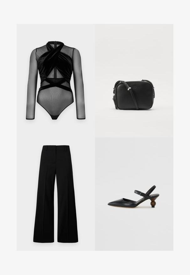 Schwarzer Bodysuit mit langen Netzärmeln, einer verdrehten Samtfront und einer figurbetonten Passform mit Druckknöpfen am Boden.; Schwarze weite Hosen mit glatter Textur, strukturiertem Bund und vorderen Falten. Minimalistisches Design ohne sichtbare Beschläge.; Schwarzer Leder-Slingback-Schuh mit einer spitzen Zehe, geschwungenem Design und einem runden, holzähnlichen Absatz. Verfügt über einen schmalen Knöchelriemen.; Schwarze Leder-Umhängetasche mit rechteckigem Design, silbernen Hardware-Akzenten, verstellbarem Tragegurt und dezentem, eingraviertem Logodesign.