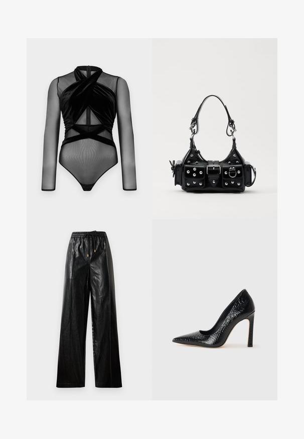 Schwarzer Bodysuit mit langen Netzärmeln, einer verdrehten Samtfront und einer figurbetonten Passform mit Druckknöpfen am Boden.; Schwarze Leder-Hosen mit weitem Beinschnitt, elastischem Taillenbund, Kordelzug und goldenen Hardware-Akzenten. Glatte Textur und lockerer Schnitt.; Schwarzer, spitz zulaufender High Heel mit Krokodilleder-Struktur, elegantem Design, hohem Stiletto-Absatz und glattem schwarzen Innenraum.; Schwarze Lederhandtasche mit einem geschwungenen Design, verziert mit silbernen Nieten, einer Schnalle und zwei seitlichen Taschen. Verstellbarer Träger für verschiedene Tragemöglichkeiten.