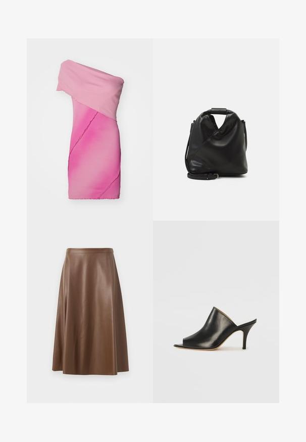 Abito aderente, con spalle scoperte, in tessuto a costine gradiente rosa, caratterizzato da un design asimmetrico e dettagli a taglio vivo.; Gonna A-line in pelle marrone con una texture liscia e un orlo di lunghezza media. Presenta una vita aderente e una leggera svasatura dai fianchi.; Mule aperto in pelle nera con un design elegante e curvo, tacco a stiletto alto e superficie liscia. L'interno presenta un colore chiaro a contrasto.; Borsa nera in pelle morbida con un design unico e attorcigliato. Presenta una maniglia corta e una tracolla removibile. Stile minimalista.