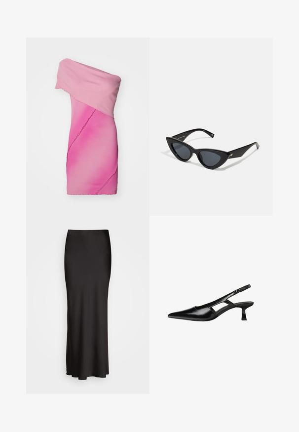 Abito aderente, con spalle scoperte, in tessuto a costine gradiente rosa, caratterizzato da un design asimmetrico e dettagli a taglio vivo.; Gonna in satin nera, lunga fino al pavimento, con una texture liscia, vita aderente e silhouette a forma di A, priva di decorazioni visibili o fantasie.; Tacchi slingback in pelle verniciata nera con punta affusolata, design con tagli laterali e tacco quadrato piccolo. Texture liscia con dettagli minimi.; Occhiali da sole a forma di occhio di gatto con una montatura in plastica nera lucida, lenti scure e dettagli in oro sulle tempie. Design angolare con linee eleganti.