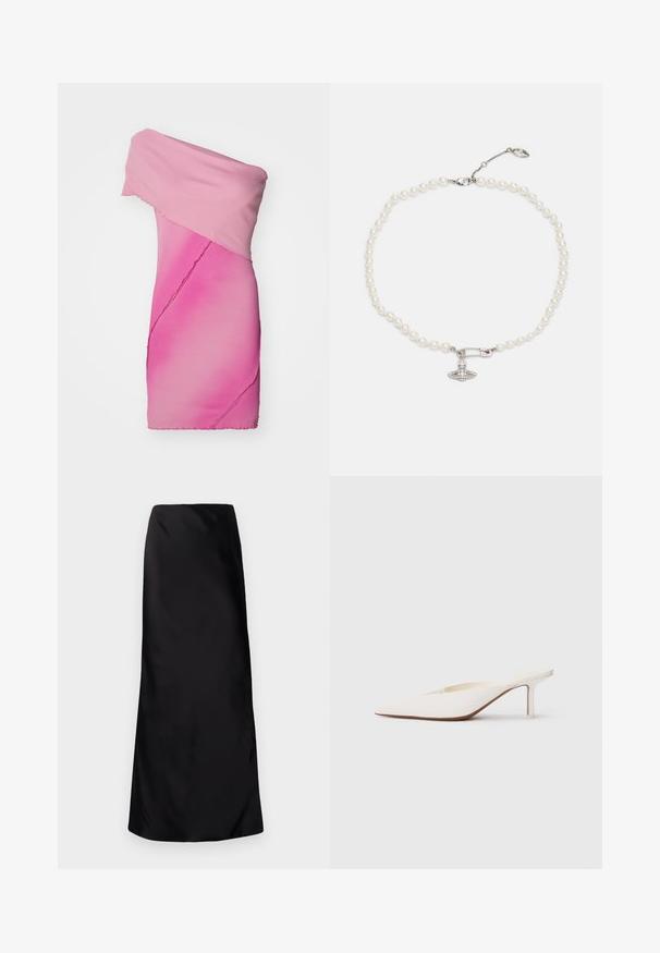 Dopasowana sukienka bez ramiączek z gradientowego różowego materiału dzianinowego, o asymetrycznym kroju i surowych krawędziach.; Norma Kamali - Długa spódnica; Białe mule z ostrym noskiem i niskim obcasem w kształcie słupka. Wykonane z gładkiego materiału o minimalistycznym designie i subtelnym brązowym detalem na podeszwie.; Perłowy naszyjnik z błyszczącymi białymi koralikami, z zawieszką w kształcie agrafki w kolorze srebrnym ozdobioną przezroczystymi cyrkoniami. Zapięcie na zatrzask typu lobster.