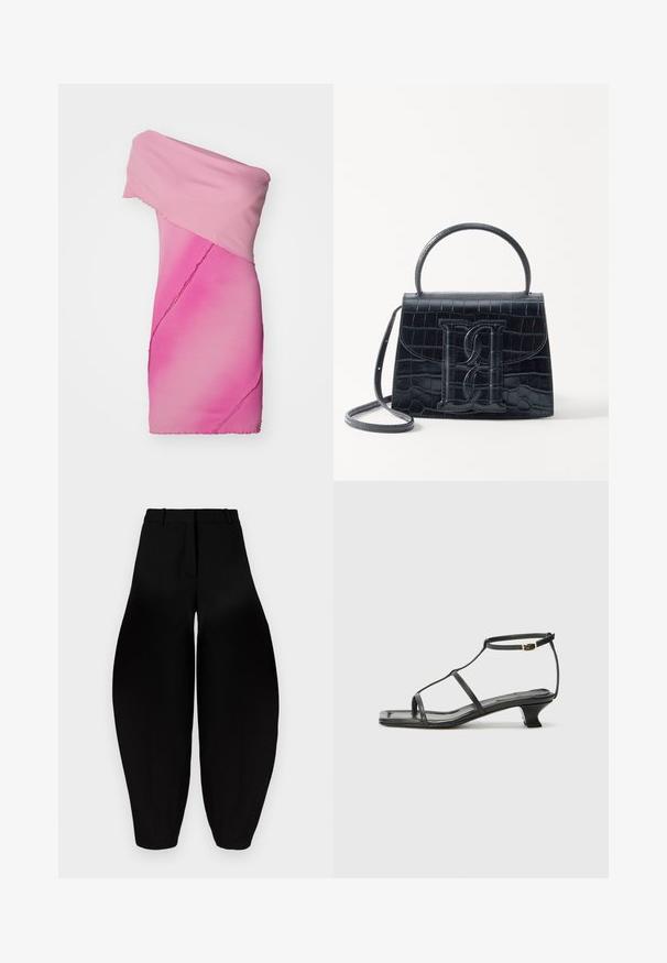 Uska haljina, bez naramenica, sa uskim krojem u gradijentu ružičaste boje od rebrastog materijala, s asimetričnim dizajnom i grubim ivicama.; Crne široke hlače s visokim strukom, naboranim prednjim dijelom i suženim gležnjevima. Izrađene su od glatkog materijala s mat završnom obradom.; Crne kožne sandale sa kvadratnim vrhom, tankim trakama, podesivom trakicom oko gležnja i niskom petom. Imaju mali zlatni detalj na traci.; Crna torba od krokodilne kože s uzorkom, strukturiranog dizajna, gornjom ručkom, podesivom trakom i istaknutim logotipom sprijeda.