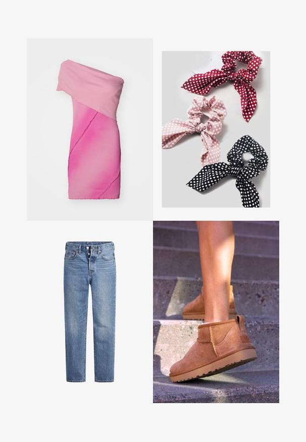Figurbetontes, schulterfreies Kleid aus strukturiertem, graduell pink gefärbtem Stoff, mit asymmetrischem Design und rohem Schnitt.; Helle blaue Jeans im geraden Schnitt, mit fünf Taschen und einem Knopfverschluss. Sie weisen dezente Verfärbungen und orangefarbene Nähte auf.; Beige Wildleder-Ankelstiefel mit weicher Textur, gesteppten Details und einer Gummisohle, ausgestattet mit einer Schlaufe an der Ferse für einfaches An- und Ausziehen.; Set aus drei gepunkteten Haargummis: rot, pink und schwarz. Jeder hat eine Stoffschleife, die oben gebunden ist, mit einer weichen Textur.
