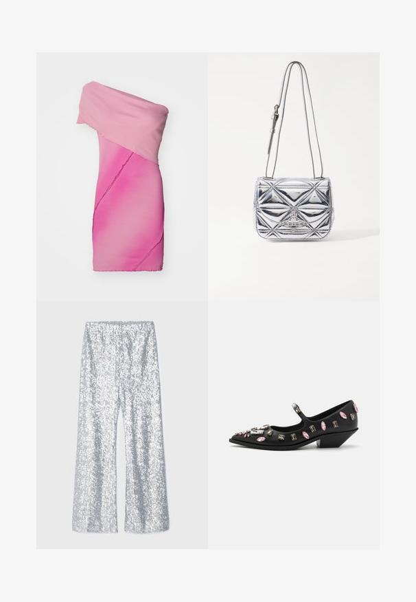 Dopasowana sukienka bez ramiączek z gradientowego różowego materiału dzianinowego, o asymetrycznym kroju i surowych krawędziach.; Srebrne, cekinowe spodnie typu dzwony z elastycznym pasem. Charakteryzują się błyszczącą teksturą i szeroką sylwetką nogawki.; Czarny skórzany but w stylu Mary Jane z wydłużonym noskiem, ozdobiony kamieniami w różnych kształtach w odcieniach różu i przezroczystości, z niskim obcasem na koturnie.; Srebrna torebka typu crossbody z metalicznym wykończeniem, z geometrycznym pikowaniem, płaską klapą oraz regulowanym paskiem z akcentami w srebrnym kolorze.