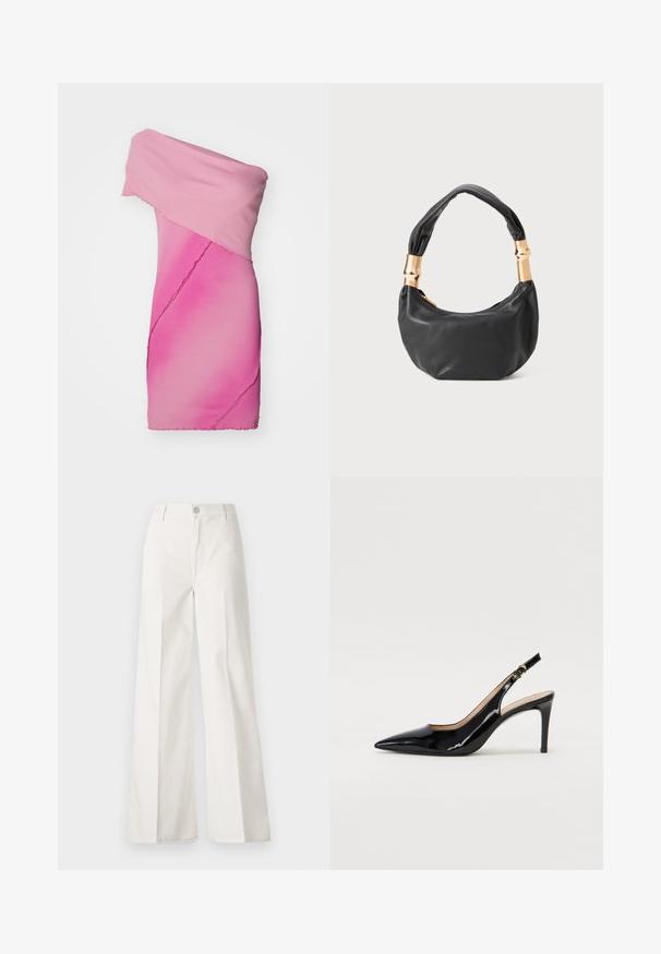 Fitted, off-shoulder dress in gradient pink ribbed fabric, featuring asymmetrical design and raw edge detailing.; White wide-leg trousers made from cotton with a smooth texture. Features a front button, zipper fly, and four-pocket design.; Black patent leather slingback pump with pointed toe, slim heel, and a subtle cutout design. Features a gold buckle on the strap.; Black leather handbag with a round shape, soft texture, and a knotted handle featuring gold-tone hardware accents. Zipper closure.