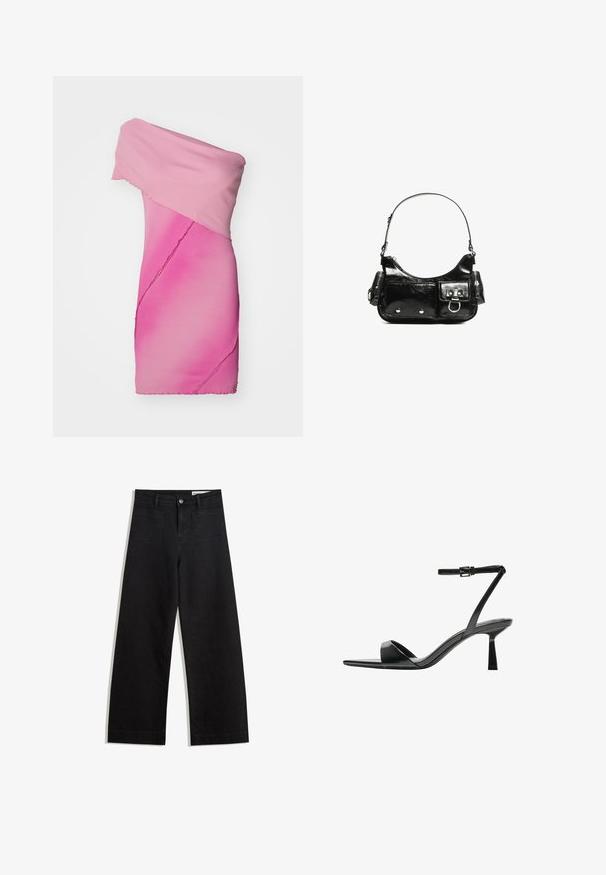 Fitted, off-shoulder dress in gradient pink ribbed fabric, featuring asymmetrical design and raw edge detailing.; Black wide-leg denim pants with a high waist, featuring front and back pockets, stitched seams, and a button closure. Smooth texture.; Bershka High heeled sandals - black; Black patent leather handbag with a curved shape, one shoulder strap, front pockets, and silver-tone hardware accents.