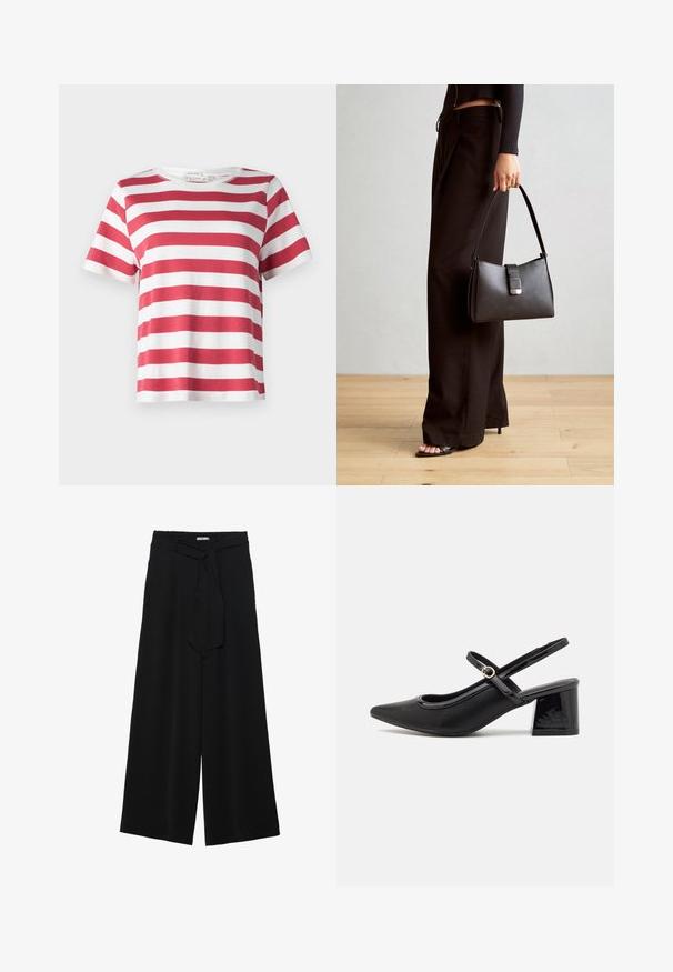 Raudona ir balta juostelėta marškinėlė su trumpomis rankovėmis, apvali iškirptė ir laisvas siluetas, pagaminta iš minkštos medvilnės medžiagos.; Juoda plačių kojų kelnės, pagamintos iš tekstūruoto audinio, su elastingu juosmeniu ir atsegamu diržu juosmenyje, leidžiančiu reguliuoti dydį.; Juodi patentinio odos slingback aukštakulniai su smailiu pirštu, apvaliu išpjovimu ir blokiniu kulnu. Papuošti auksiniu juostos akcentu.; Juodas rankinė struktūrizuota forma, lygi tekstūra ir metalinis užsegimas. Suporuota su plačiomis juodomis kelnėmis ir atvirais bateliais ant medinių grindų.