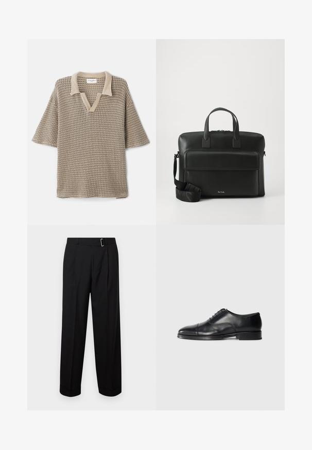 Beige neulepolo, jossa on V-pääntie, lyhyet hihat ja teksturoitu kuvio, jossa on vaaleampi värinen kaulus.; Mustat kuvioidut housut suoran lahkeen kanssa, joissa on vyölenkki ja metallisolki. Valmistettu sileästä kankaasta, jossa on räätälöity viimeistely.; Musta nahkakenkä pyöreällä kärjellä, sileällä pinnalla, nauhalla suljettuna, ja hienovaraisella sauman yksityiskohdalla, jossa on matala, tasapohjainen korko.; Musta nahkainen salkku, jossa on kaksinkertaiset yläpitäjät, etutasku ja irrotettava hihna, ja jossa on huomaamaton merkintä pohjassa.