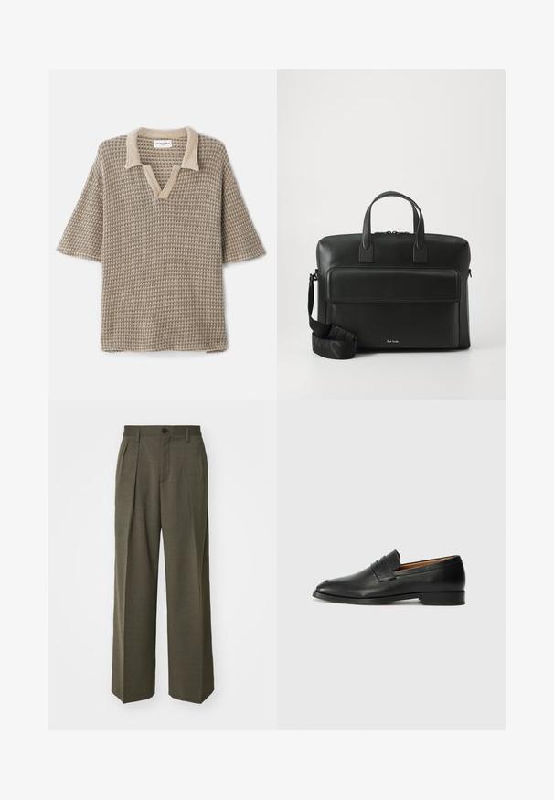 Beige gebreide polo shirt met een V-hals, korte mouwen en een gestructureerd patroon met een lichtere kleur kraag.; Filippa K WIDE TROUSERS - Broek - driftwood; Zwarte leren instapper met een ronde neus, subtiele stikdetails en een lage hak, met een gladde textuur en een minimalistisch ontwerp.; Zwarte leren aktetas met dubbele handgrepen aan de bovenkant, een voorvak en een afneembare schouderriem, met subtiele branding aan de onderkant.